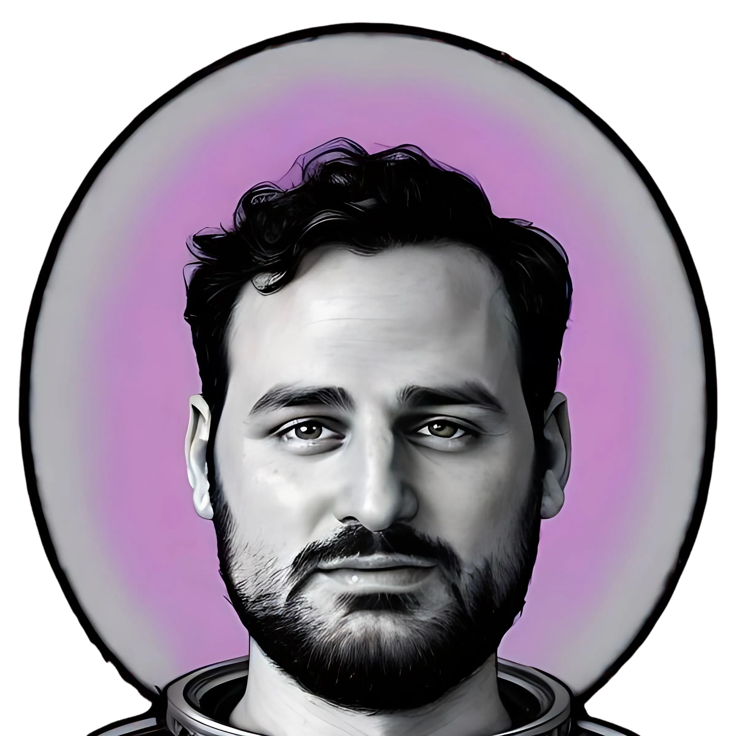 Nazim Venutti as an astronaut: a black-and-white portrait inside a helmet visor